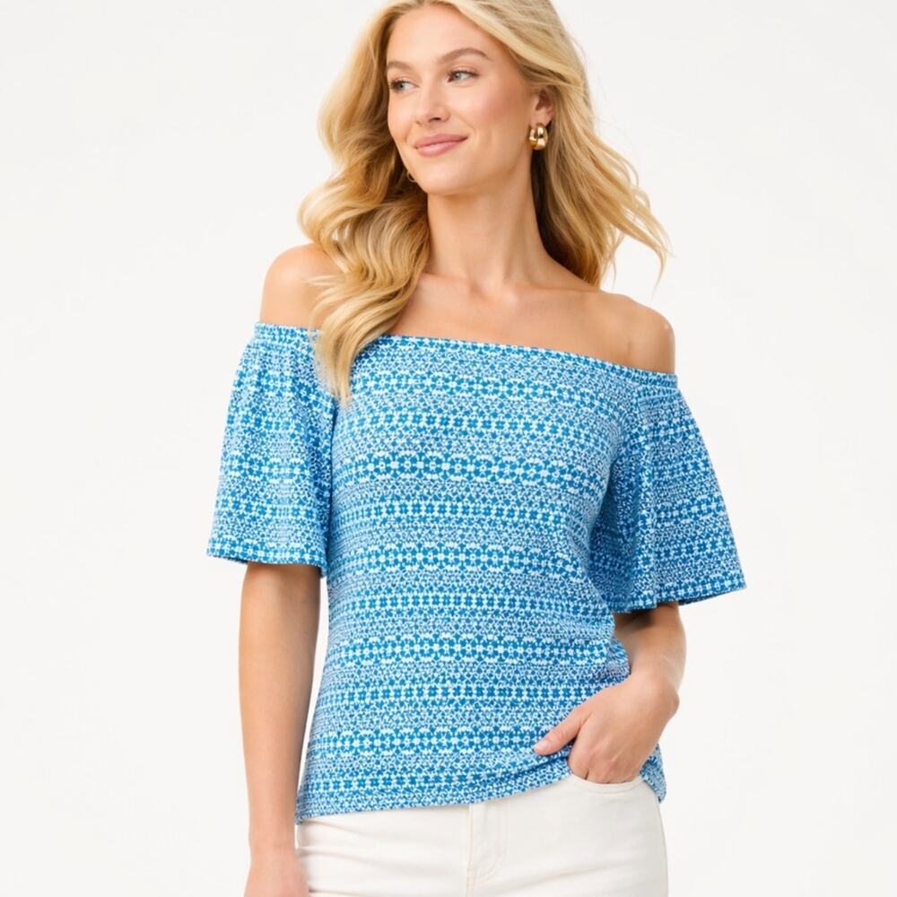 J McLaughlin Catalina Off Shoulder Top Medium Blue Geometric Print Stretch Top